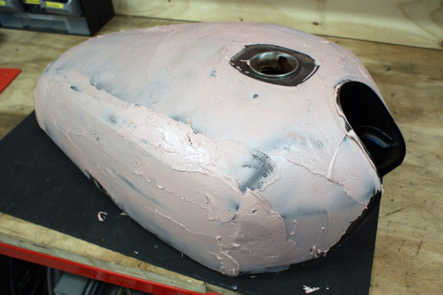 Body filler preparation for motorcycle tank